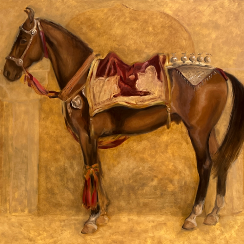 <p>Madeleine Bunbury (English, b.1995),<em> Marwari Stallion</em>, oil on canvas, 106 ¼ x 78 ¾ inches, on loan from the artist</p>