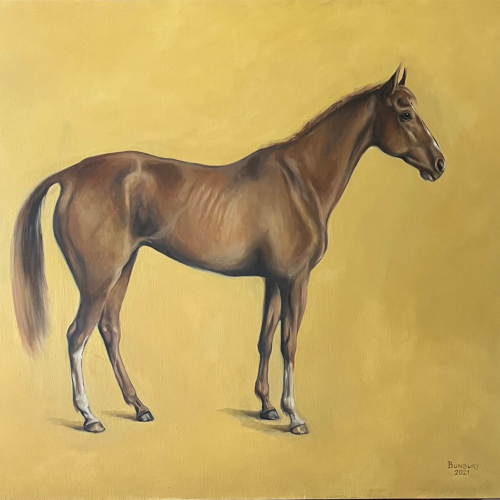 <p>Madeleine Bunbury (English, b.1995),<em> The Chestnut</em>, oil on canvas, 55 ⅛ x 47 ¼ inches, on loan from the artist</p>
